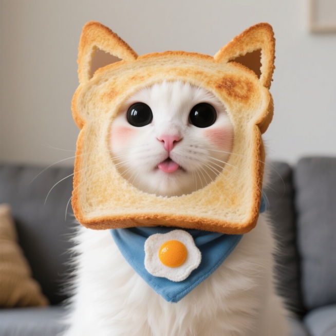 一只戴着烤得金黄酥脆、边缘微焦的吐司面包片面具的小猫，面包片上有两个三角形的猫耳朵形状切口，中间剪出圆形的眼睛洞露出小猫圆溜溜的黑色眼睛，以及一个三角形的鼻子洞露出粉色的小鼻子，脸颊处有自然的红晕，小猫嘴巴微张露出粉色舌头，脖子上系着一条蓝色的围巾，围巾中间别着一个煎蛋造型的装饰，煎蛋的蛋黄呈橙黄色，小猫拥有蓬松雪白的毛发，背景是灰色的沙发和浅色的墙壁，整体画面温馨可爱，充满生活气息，采用写实……预览效果