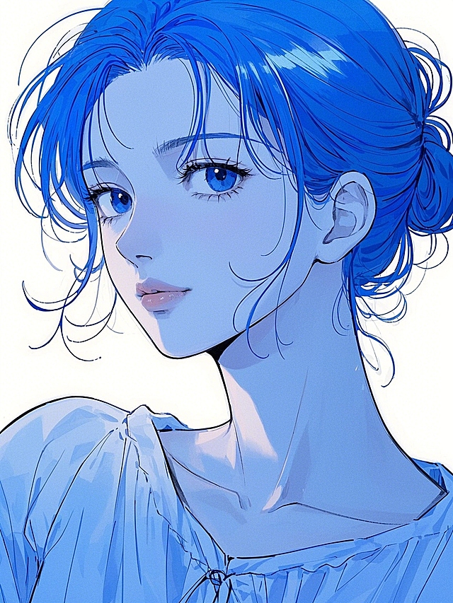 人物，蓝色头发，冷白皮肤，侧扎丸子头发型，发丝几缕落在脖子上，知性美，穿搭优雅