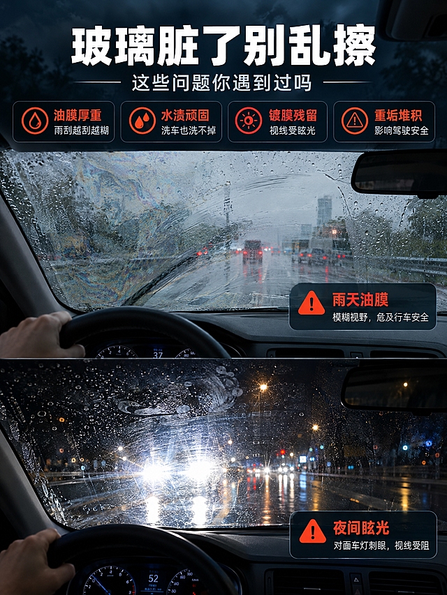 [商品] 本页为痛点直击页，无需产品图。
[画面] 第2张痛点直击，目标引发用户共鸣。画面展示汽车玻璃常见问题场景：左侧是雨天开车视角，前挡风玻璃布满油膜水渍，雨刮刮过后模糊不清，视野受阻；右侧是夜晚开车视角，对面车灯照射下玻璃眩光严重，玻璃上有明显镀膜残留和顽固污渍。上下分栏，上半部分展示雨天油膜模糊视野，下半部分展示夜间眩光困扰。真实驾驶场景，车内第一人称视角，画面有真实的雨滴、水渍、油膜纹理。
[视觉] 套系策略：风格=高清写实真实场景风；标题字=粗黑体大字；正文字=常规无衬线体；主色=深灰蓝+暗调；背景延展=真实车内驾驶视角，偏暗调突出痛点；强调色=警示橙红色，仅用于小面积痛点标签和图标；标题色=白色；正文色=浅灰色；组件=深色半透明信息卡、警示图标；光影=暗调自然光，雨天/夜间车灯效果。
[文字] 顶部主标题"玻璃脏了别乱擦"，副标题"这些问题你遇到过吗"，下方4个痛点条目横排："油膜厚重 雨刮越刮越糊""水渍顽固 洗车也洗不掉""镀膜残留 视线受眩光""重垢堆积 影响驾驶安全"，文字横排，痛点用橙红色标注关键词。
[规格] 图片比例3:4竖版，2K分辨率，避免变形、错字、文字过小、模糊、噪点、水印、平台Logo、绝对化用语。