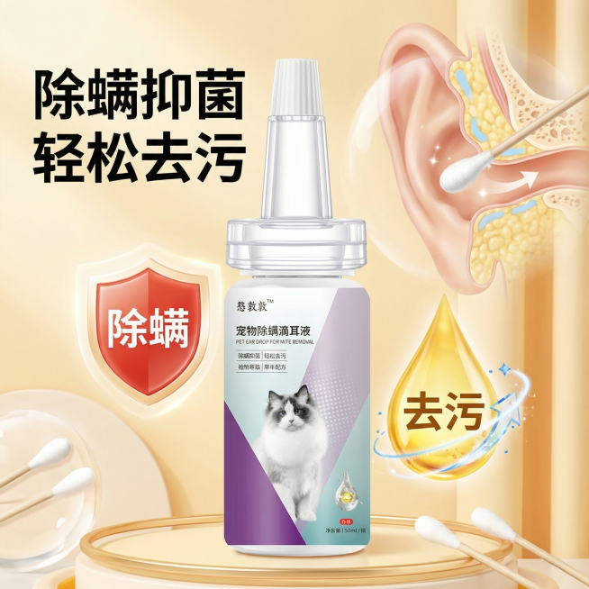 [主图 2] 憨敦敦宠物除螨滴耳液功效卖点图，滴耳液瓶置于画面中心，产品外观保持和原图一致，搭配红色 "除螨" 图标、黄色 "去污" 滴液特效图标，背景为温馨的宠物耳道护理概念场景，色调清新明亮，突出预览效果