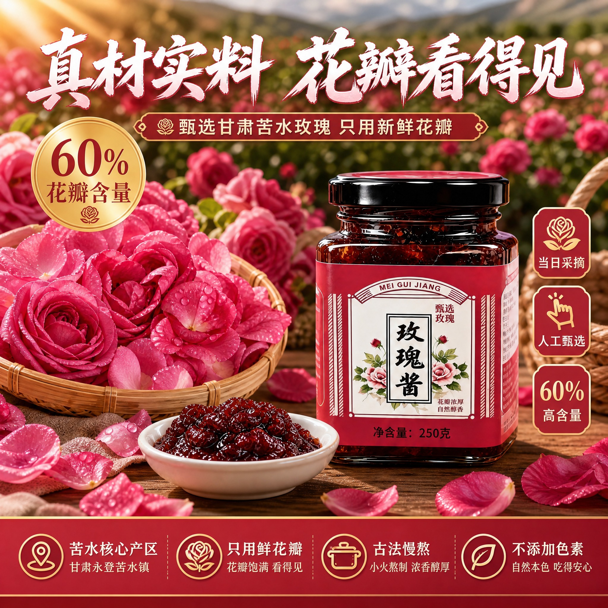 [主图-2 成分原料款] 苦水玫瑰酱250g玻璃瓶装，1:1方… - 图片创意预览