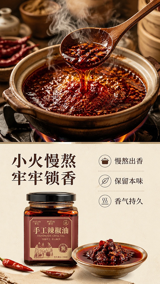 [第4屏] 制作工艺展示屏-传统小火慢熬锁香。本屏使用【图1】作为产品辅助展示。
[氛围/风格] 传统手工氛围，暖调温馨感，突出匠心工艺，真实烹饪场景质感。
[元素布局] 画面上半部分展示小锅慢熬辣椒油的烹饪场景，咕嘟熬煮的红油纹理清晰；下半部分放置产品主体图，场景占比60%，产品占比30%，整体结构上下分栏。
[光影质感] 暖光氛围感照明，熬煮红油呈现诱人光泽，保留蒸汽朦胧质感，产品区域清晰锐利。
[配色色系] 全局底色 #F9F2E7；主色红棕熬煮红油；辅助色陶棕色砂锅，深棕文字。
[视角构图] 中景拍摄熬煮场景，竖版上下构图，动线清晰从上到下。
[文字版式] 左侧主标题「小火慢熬 牢牢锁香」，右侧分点列出工艺特点：「慢熬出香/保留本味/香气持久」，字体保持温润宋体，文字排版清晰易读。
[比例分辨率] 9:16竖版比例，width: 1080