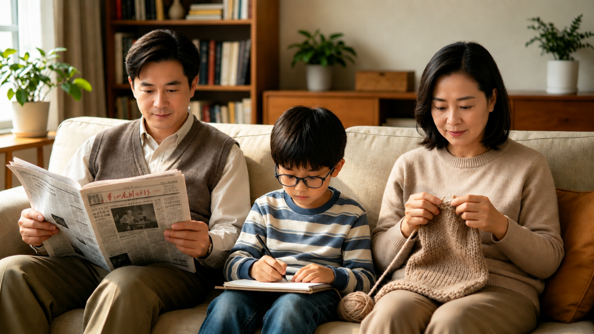 将图片中父母样貌修改为35岁，去除右下角水印，保持高清画质，维持原图场景、人物动作和其他内容不变预览效果