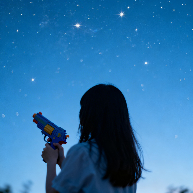 日系胶片蓝调星空头像，低饱和星野蓝夜空点缀流星星光，手持玩具枪的少女背影，只露出背影和长发，完全不露脸，整体画面朦胧柔焦，充满治愈感预览效果
