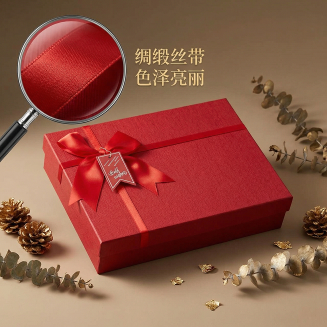 基于原图的红色丝带礼品盒重新生成第三张主图，保持礼品盒外观和原图100%一致，适配拼多多平台，氛围感风格，和上一张光影氛围统一。使用氛围感背景搭配艺术配件，礼品盒放在哑光米色背景上，周围搭配金色松果、预览效果