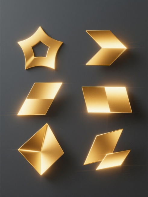 纯深灰色纯色背景，六个具有相同金色光效风格的系列素材规整排布，每个素材均为完全不同造型和角度的金色光元素，保持原有的明亮金色光芒、柔和渐变光晕及锐利边缘特征，金光形状造型各异，整体呈现出简洁、现代、科技感的视觉效果，光影过渡自然，色彩统一为深灰底色与金色光效的搭配。预览效果