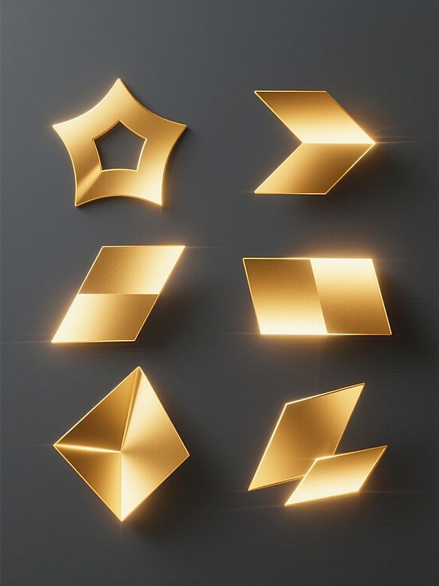 纯深灰色纯色背景，六个具有相同金色光效风格的系列素材规整排布，每个素材均为完全不同造型和角度的金色光元素，保持原有的明亮金色光芒、柔和渐变光晕及锐利边缘特征，金光形状造型各异，整体呈现出简洁、现代、科技感的视觉效果，光影过渡自然，色彩统一为深灰底色与金色光效的搭配。