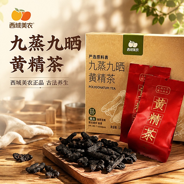 [主图-1] 西域美农九蒸九晒黄精茶首图，展示产品整体与实物，提升点击率。
[氛围风格] 自然养生国风，温馨质感，突出食欲与品质感。
[画质] 商业摄影质感、光线柔和通透、产品清晰真实、画面干净高级。
[元素] 黄精茶外包装盒和两袋独立红色小袋倾斜摆放在温馨木质餐桌，前方散落出油亮乌黑的黄精厚片，保持产品外观即物理结构、材质质感、颜色与输入产品图绝对一致，杜绝任何变形和色差，精细化处理。左上角保留西域美农品牌Logo，商品主体占比严格控制在70%左右，画面满屏无边框。
[光影] 自然暖阳从侧上方斜射，勾勒出黄精片乌黑油亮的纹理，通透不灰蒙，背景浅木色柔光虚化，主体突出。暖调自然光，光比舒适高光不溢暗部有层次。
[配色] 主色调原木暖棕，点缀产品红色包装，整体温暖自然。
[视角构图] 平视45度拍摄，主体居中，前中后景分层景深适中，轮廓完整不裁切。
[文字版式] 左上品牌Logo下方，大字主文案："九蒸九晒黄精茶"，深棕色粗体书法字体，下方小字辅助文案："西域美农正品 古法养生"，深棕色小一号字体，文字都在负空间不遮挡产品主体，清晰可读。
[输出要求] 1:1 比例，文字清晰锐利，超高清商业摄影质感。宽度2048，高度2048。
[负向提示词] 变形，文字错乱，产品图模糊，背景杂乱，水印，电商平台Logo，绝对化违禁词。