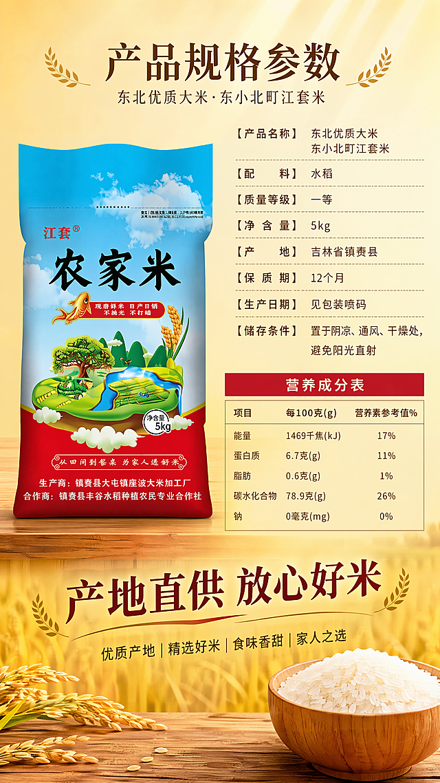 [第8屏] 产品规格参数页。左侧放【图1】产品包装占50%宽度，右侧放规格信息和营养成分表，底部收尾文案「产地直供 放心好米」。全局暖金底色，9:16竖版，4K，文字清晰。负向提示：包装变形，文字错乱，表格不齐。