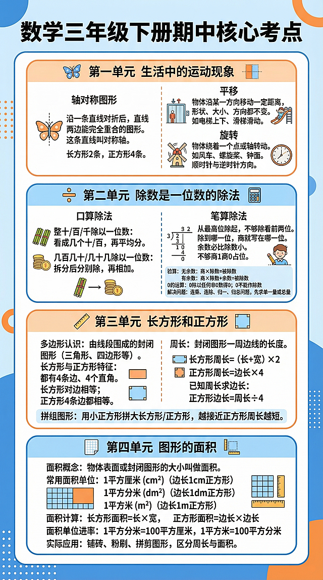 参照上传海报的配色、排版和模块式设计风格，制作一张竖版知识点海报，大标题为：数学三年级下册期中核心考点，按四个单元分为四个模块，文字适当简写，保持清晰易读，配色清爽活泼，符合教育类海报风格，完整包含以下内容：
第一单元 生活中的运动现象
轴对称图形：沿一条直线对折后，直线两边能完全重合的图形是轴对称图形，这条直线叫对称轴。长方形有 2 条对称轴，正方形有 4 条对称轴。
平移：物体沿某一方向移动一定距离，形状、大小、方向都不变。如电梯上下、滑梯滑动。
旋转：物体绕着一个点或轴转动。如风车、螺旋桨、钟面时针。
顺时针与逆时针：和钟面时针旋转方向相同是顺时针，相反是逆时针。
第二单元 除数是一位数的除法
口算除法
整十、整百、整千数除以一位数：把数看成几个十、几个百，再平均分。
几百几十、几十几除以一位数：拆分后分别除，再相加。
笔算除法
从被除数最高位除起，不够除就看前两位。除到哪一位，商就写在哪一位上。每一步余数必须比除数小。不够商 1 时要商 0 占位。
验算
无余数：商 × 除数＝被除数
有余数：商 × 除数＋余数＝被除数
0 的运算：0 除以任何不是 0 的数都得 0；0 不能作除数。
解决问题：连乘、连除、归一、归总问题，先求单一量或先求总量。
第三单元 长方形和正方形
多边形认识：由线段围成的封闭图形，按边数分为三角形、四边形、五边形、六边形等。
长方形与正方形特征
都有 4 条边、4 个直角。长方形对边相等；正方形 4 条边都相等。
周长：封闭图形一周边线的长度。
长方形周长＝（长＋宽）×2
正方形周长＝边长 ×4
已知周长求边长：正方形边长＝周长 ÷4
拼组图形：用小正方形拼大长方形 / 正方形，越接近正方形周长越短。
第四单元 图形的面积
面积概念：物体表面或封闭图形的大小叫做面积。
常用面积单位
1 平方厘米（cm²）：边长 1 厘米的正方形。
1 平方分米（dm²）：边长 1 分米的正方形。
1 平方米（m²）：边长 1 米的正方形。
面积计算
长方形面积＝长 × 宽
正方形面积＝边长 × 边长
面积单位进率
1 平方分米＝100 平方厘米
1 平方米＝100 平方分米
实际应用：铺砖、粉刷、拼剪图形，区分周长与面积。