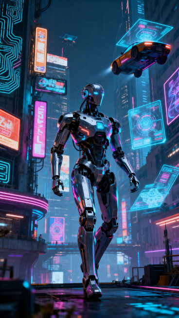未来科技感赛博朋克风机器人，写实风格，具有视觉冲击力，正面全身矢量机器人，霓虹光影，复杂机械结构，高科技都市背景预览效果