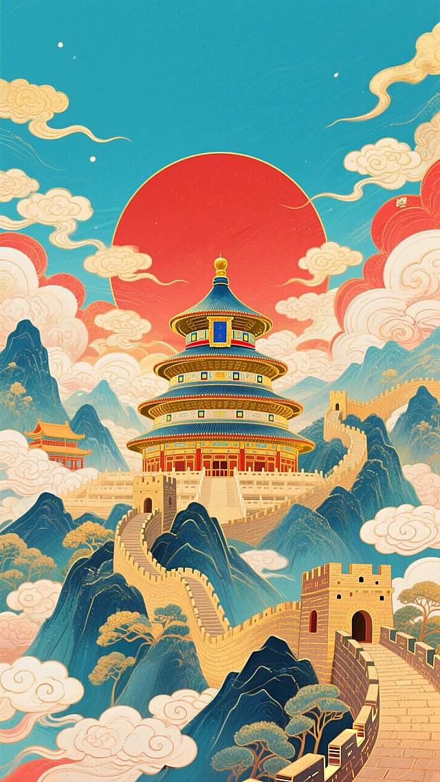 顶部40%无内容纯背景区域，青蓝背景（红金色点缀），金色北京地标（天坛、故宫、长城）山脉串联，四周有少量祥云元素