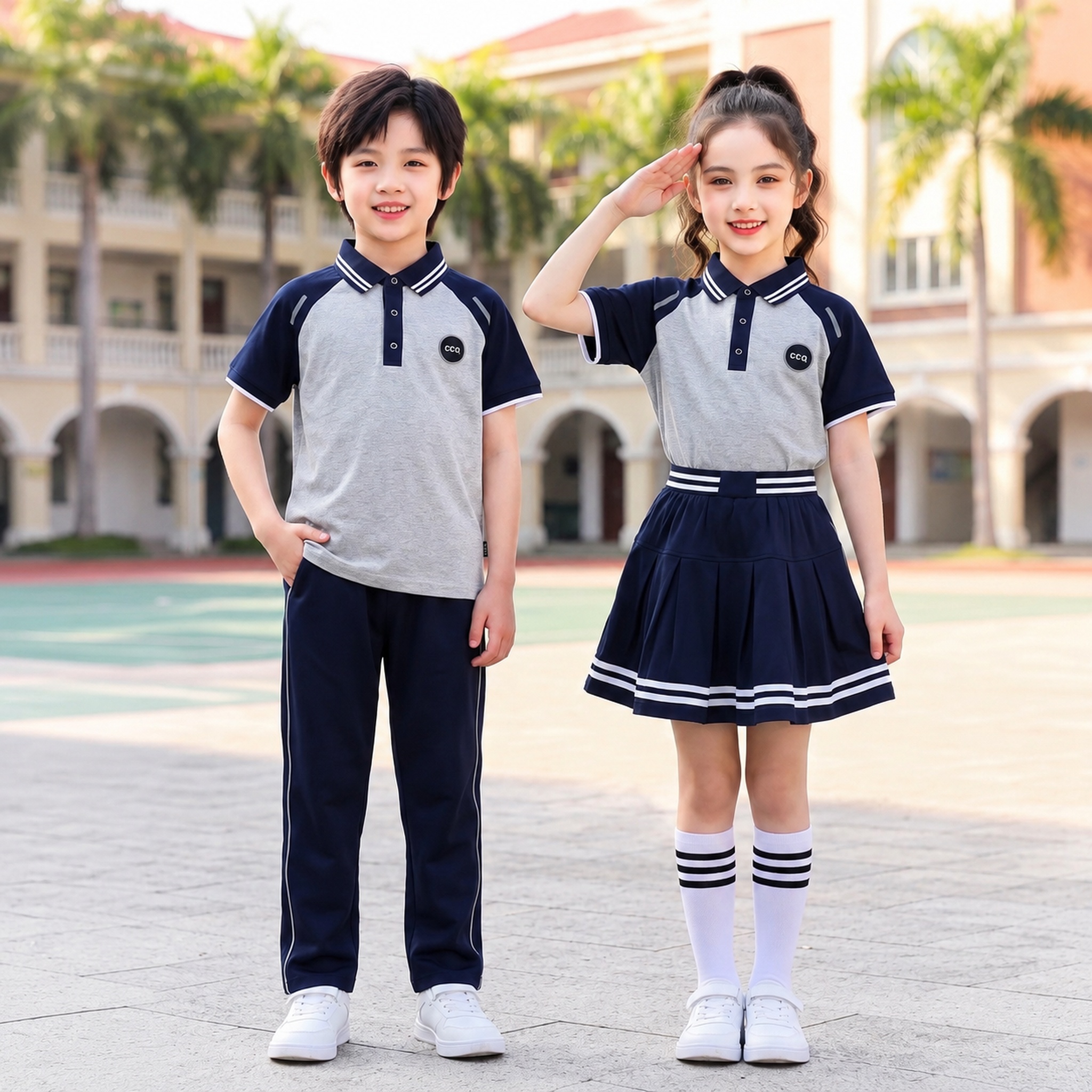 [主图1] 小学生夏季校服男女套装正面全景展示，去掉文字仅保留… - 图片创意预览