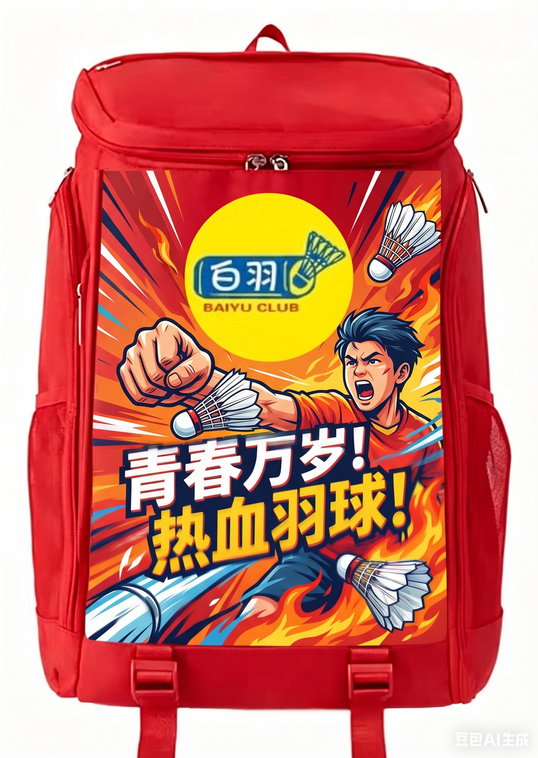 基于这张红色羽毛球背包，保留原有书包造型和"百羽 BAIYU… - 图片创意预览