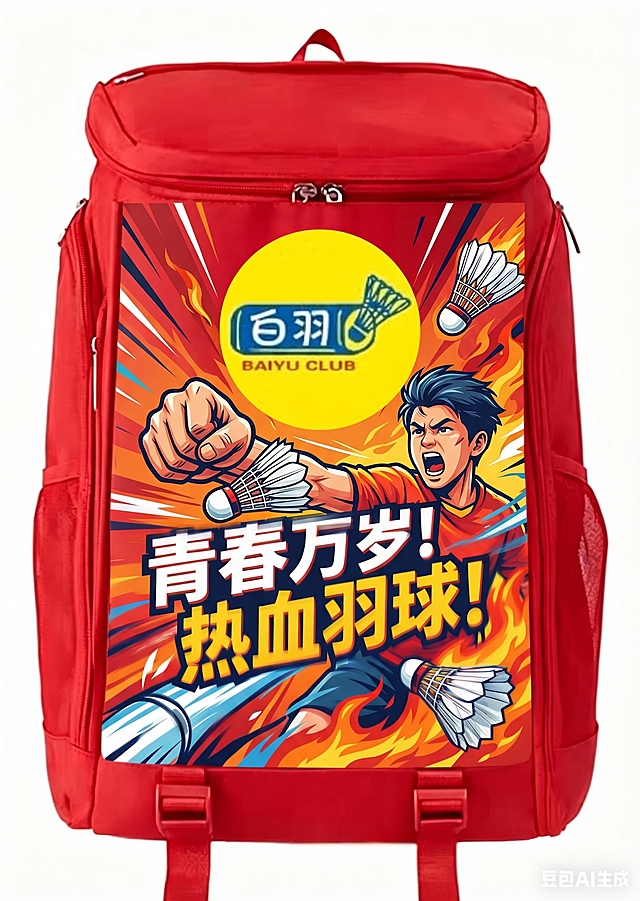 基于这张红色羽毛球背包，保留原有书包造型和"百羽 BAIYU CLUB"logo不变，额外添加体现青少年热血活力的羽毛球元素，可加入握拳、呐喊相关的运动感图案和文字，整体风格青春洋溢充满活力