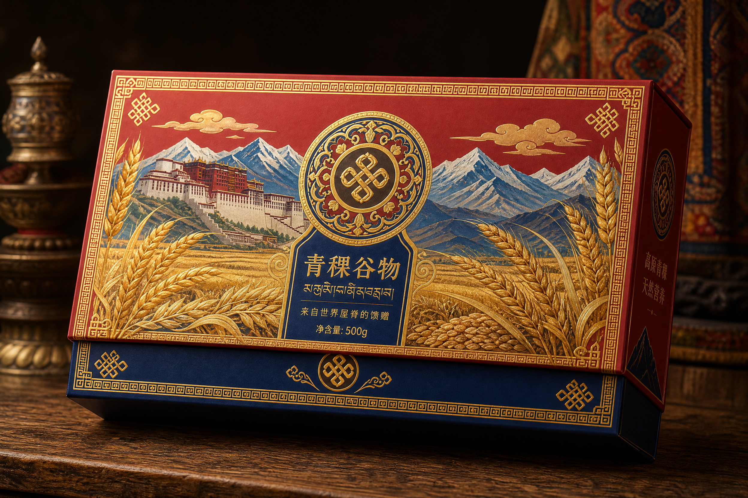 藏式风格长方形翻盖食品包装盒设计，盒面主体为金色青稞麦穗和谷物… - 图片创意预览