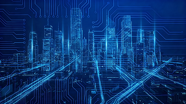 将这张背景图修改为科技大楼背景，整体保持深蓝色色调，保留科技感风格