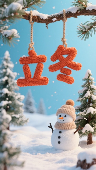 画面中央为橙红色针织质感的 “立冬” 立体字（通过麻绳悬挂于松枝间），下方雪地场景中有一个戴针织帽的雪人、积雪松树，冬日氛围预览效果