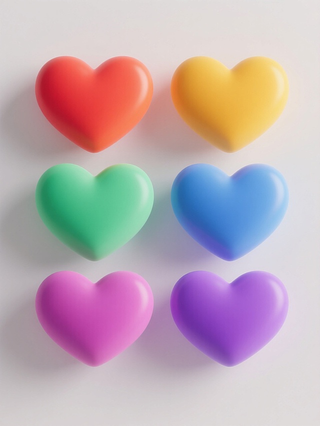 一组六个纯色背景的软3D风格爱心图标系列素材集合，每个图标均为两个相互依偎的心形组成，保持相同的流畅线条和形态结构，规整排布。第一个爱心为明亮的红色，第二个为温暖的橙色，第三个为阳光的黄色，第四个为清新的绿色，第五个为宁静的蓝色，第六个为优雅的紫色，每个爱心图标都具有柔和的3D渐变光影效果，背景为纯白色，整体呈现出简洁、统一且色彩鲜明的视觉效果。