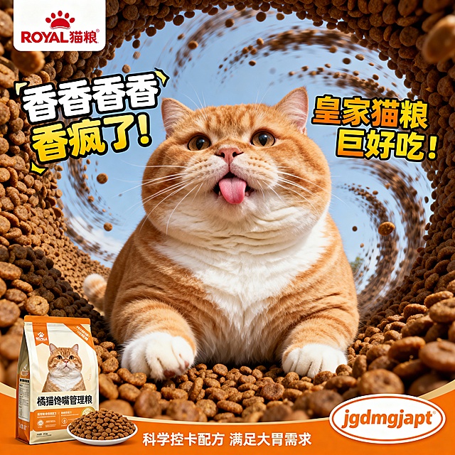 3D风重拟物设计，卡通感猫咪吐舌萌趣十足，猫粮环绕形成视觉冲击，波普艺术字体强化促销感，塑料风质感提升产品真实感，趣味十足的虚拟现实场景营造沉浸式体验。
