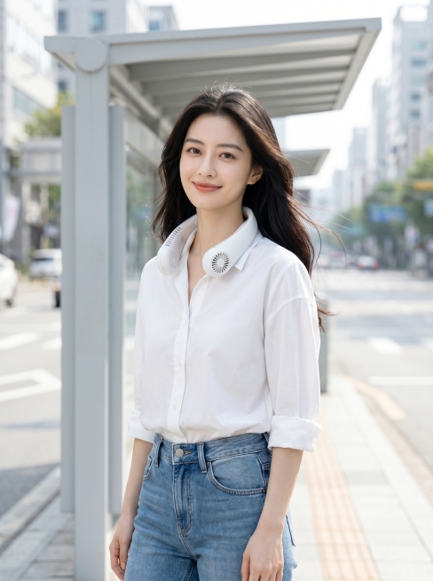 将商品图[1]中的白色挂脖风扇，佩戴到模特图[2]中长发美女的颈部，保持美女身穿白衬衫+牛仔裤不变。场景修改为城市街头简约公交站台，浅色浅灰背景。风格为日常通勤风，轻便随性，整体色彩为白+浅灰站台+牛预览效果
