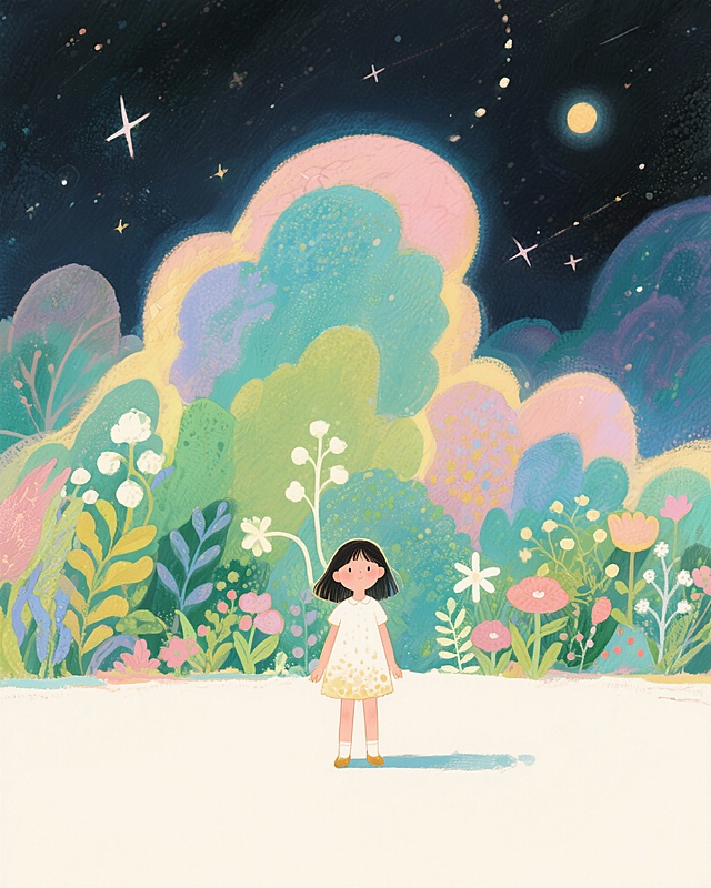 一个小女孩，孤独地站在夜空里