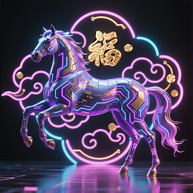 赛博朋克风机械马，霓虹灯与鎏金元素交织，3D重拟物设计，未来感十足，背景祥云环绕“福”字，科技与传统融合，春节氛围浓厚。