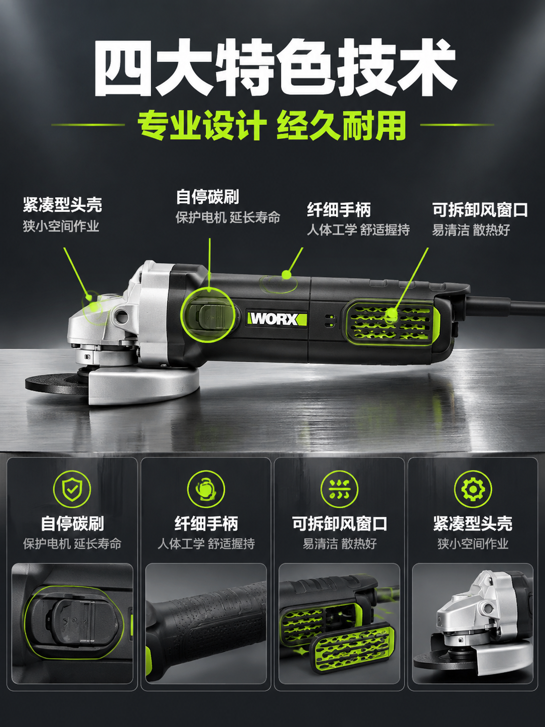[详情图-4] 特色技术解析图，主题：自停碳刷+纤细手柄+可拆… - 图片创意预览
