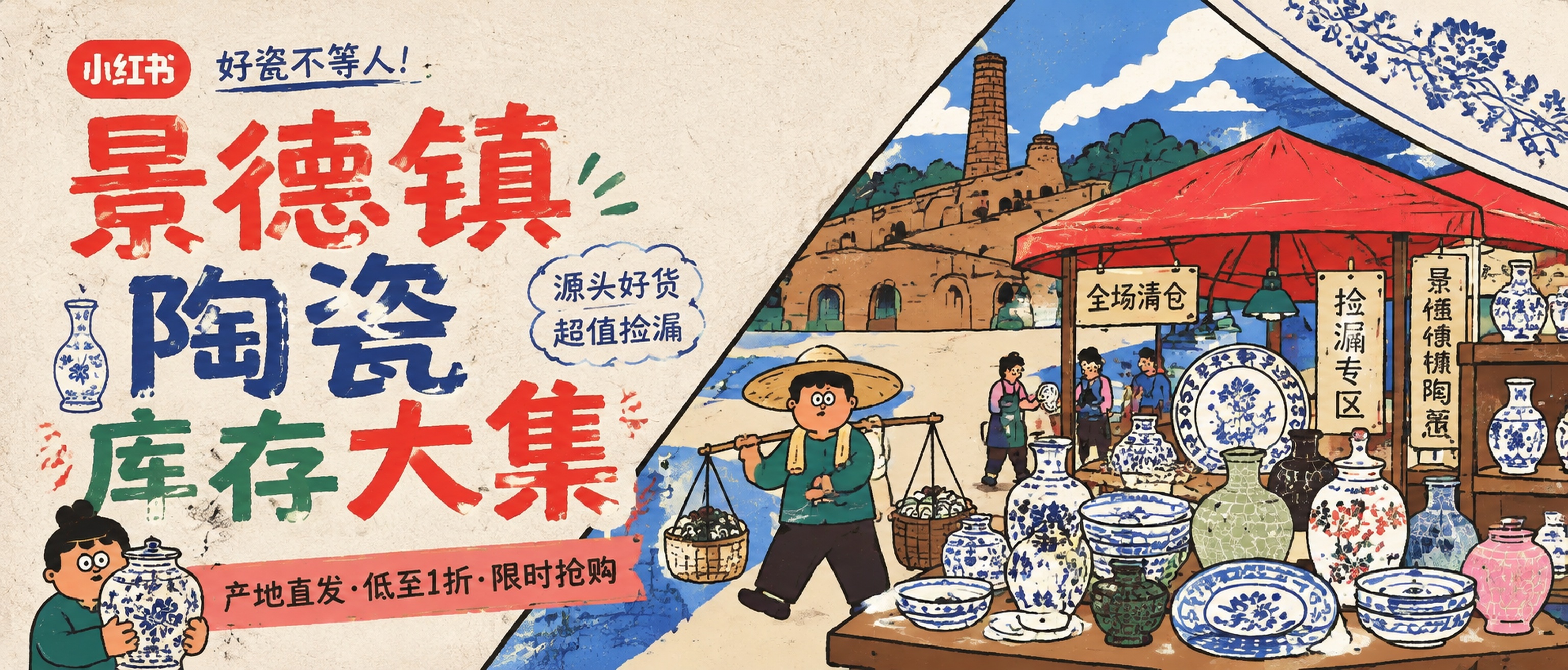 参考图中的小红书风格手绘插画海报风格，设计一张景德镇陶瓷库存大… - 图片创意预览