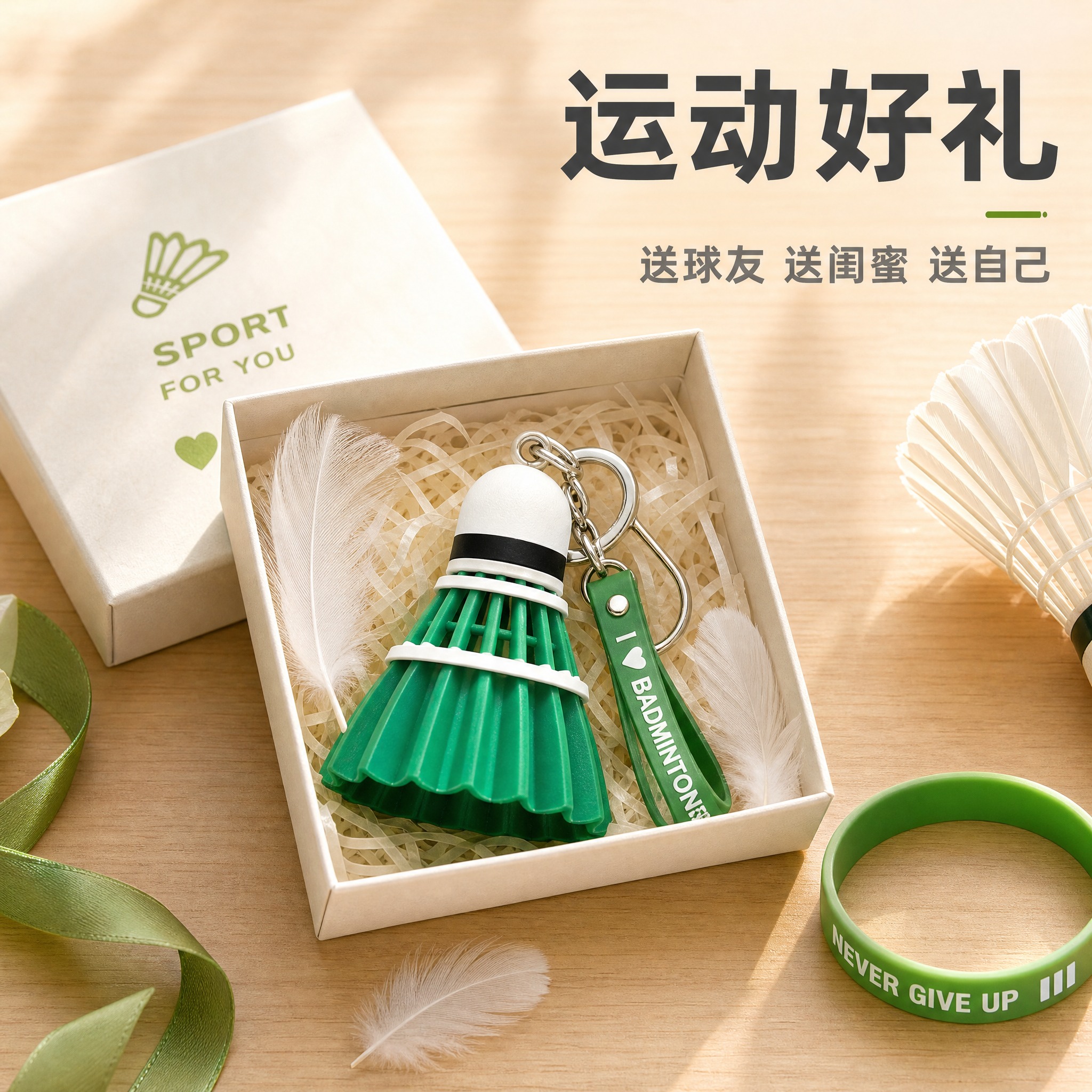 [主图-6] 绿色羽毛球造型钥匙扣挂件 送礼推荐场景展示。 [… - 图片创意预览