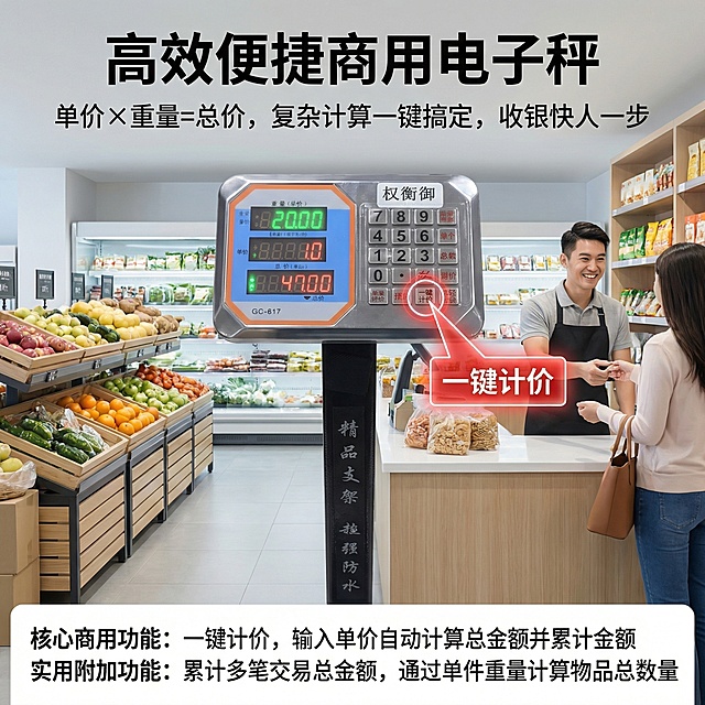 制作一个淘宝主图，背景美观大气时尚，智能功能卖点（高效与便捷）
这是提升产品价值的关键，解决“好不好用、省不省事”的问题。
一键计价
卖点：输入单价，自动计算总金额，并累计金额。这是最核心的商用功能。
文案与视觉建议：
文案：“单价×重量=总价，复杂计算一键搞定，收银快人一步”。
视觉：AI生成超市/菜场场景图，画面中心是清晰的秤面显示“重量、单价、总价”，旁边有忙碌但笑容满面的商家。用AI标注功能特写按键。
累计/计数功能
卖点：可累计多笔交易总金额，或通过单件重量计算物品总数量（如螺丝、零件）