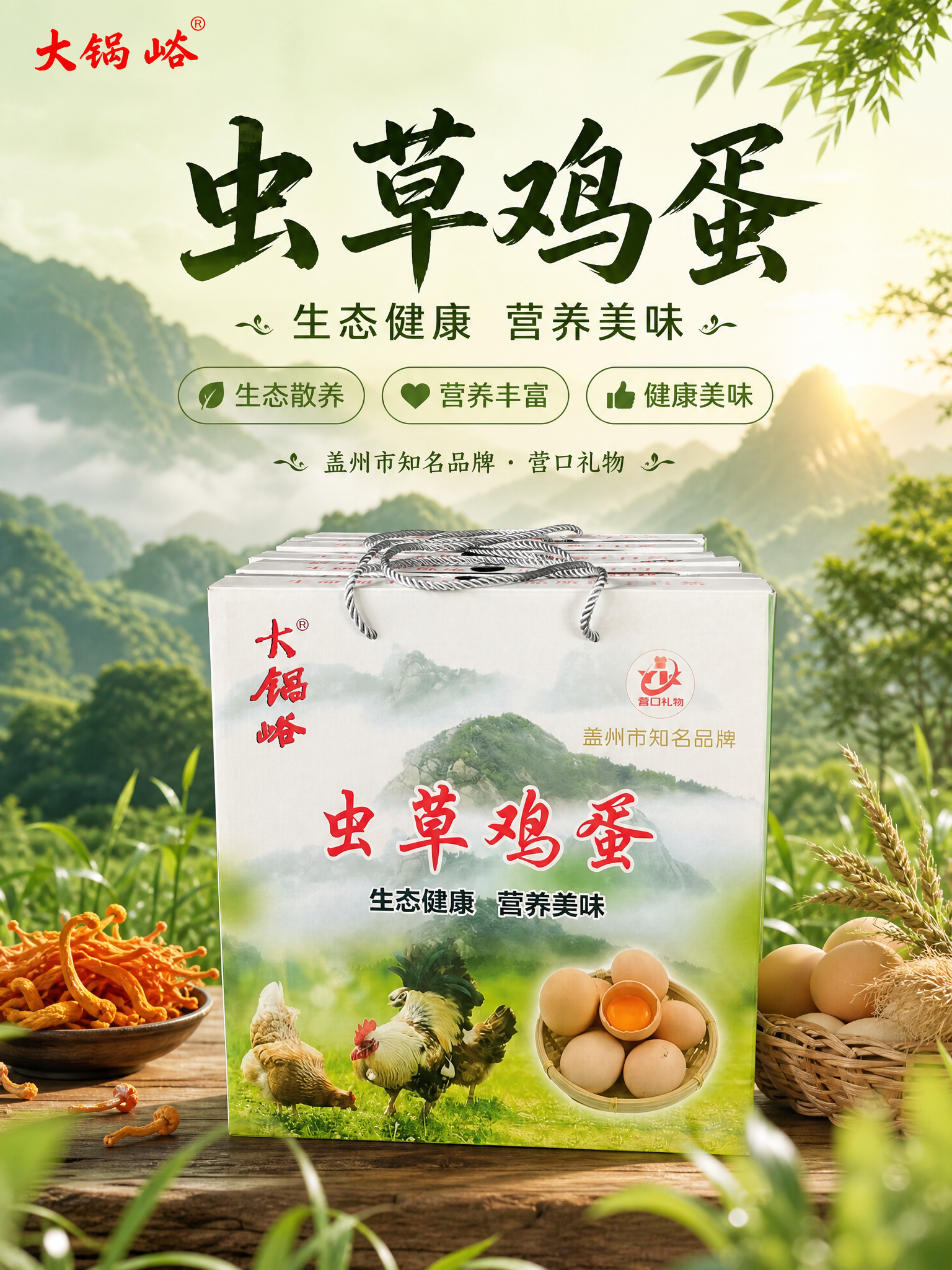 基于上传的虫草鸡蛋礼盒商品图，生成一张3:4竖版食品营销海报。… - 图片创意预览