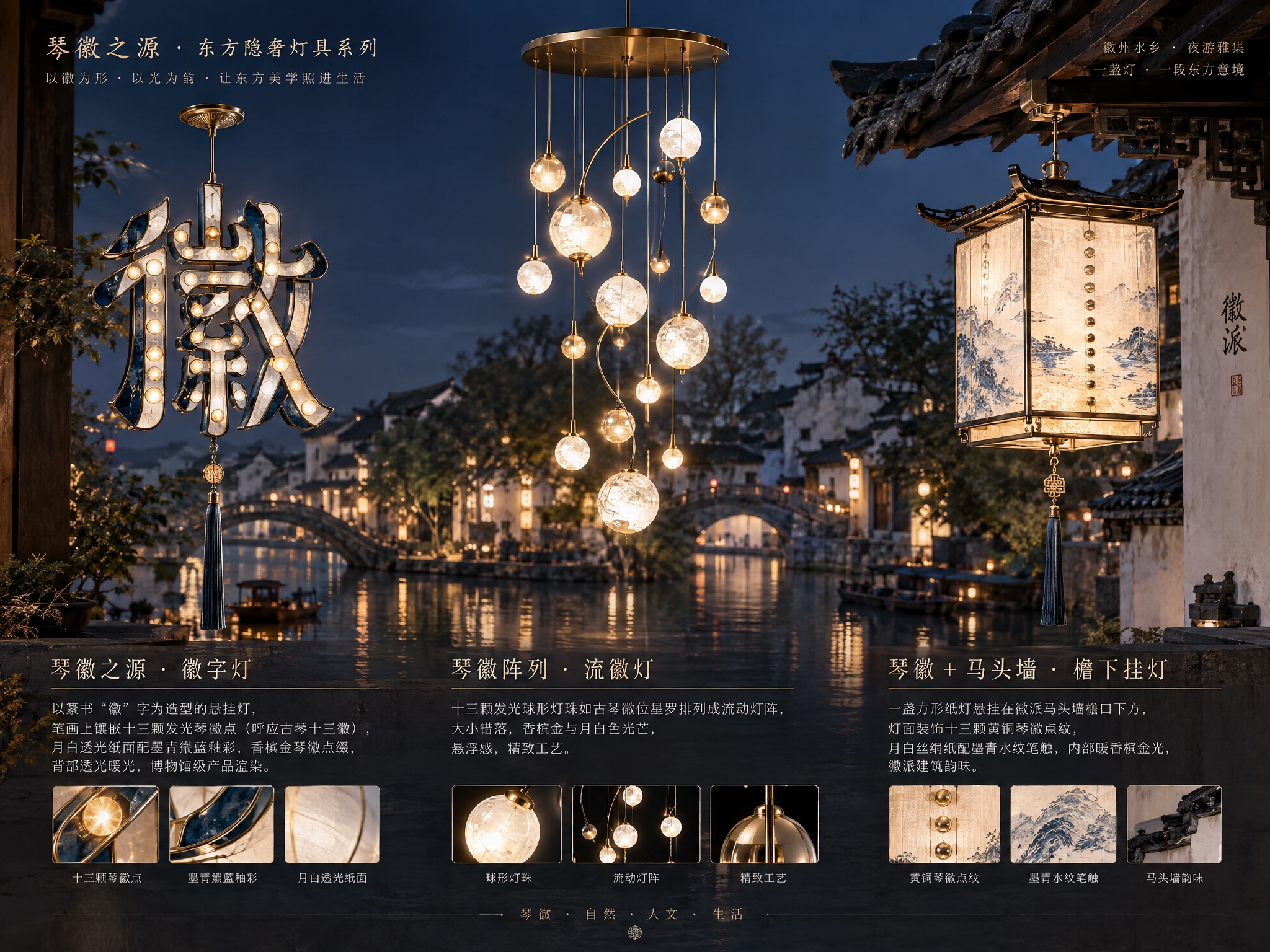 一张横向对比展示图，画面中并排放置三盏不同设计的东方隐奢风格灯… - 图片创意预览