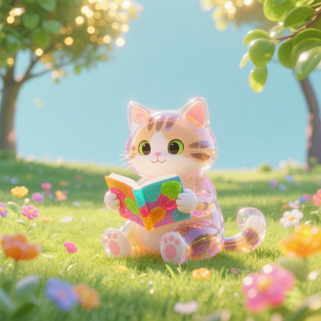 一只小猫，拿着书，在公园里读书预览效果