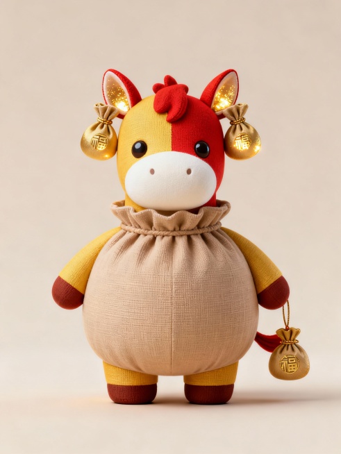 原创马年春节招财喜庆 IP 设计，核心记忆点：双耳不是尖耳、圆耳，而是天生一对迷你福袋造型，袋口收紧、袋身圆润，耳尖自然垂坠，内部隐约透出金色微光，福袋耳为唯一核心识别符号。头部小巧，双眼圆溜，神态呆预览效果