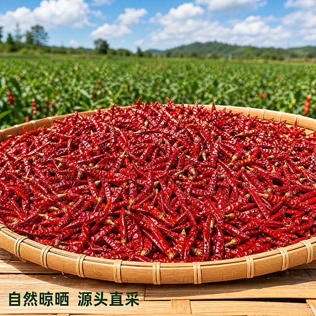[主图-6] 干红辣椒真实农场晾晒场景，食品类源产地展示。[氛围风格] 原生态真实自然，源头直采感。[画质] 商业摄影质感，光线柔和通透，产品清晰真实，画面干净高级。[元素] 竹编晒盘上铺满了待晾晒的干红辣椒，背景是开阔的户外辣椒田，蓝天白云；前景辣椒清晰，背景田园虚化。保持干红辣椒外观、物理结构、材质质感、颜色与输入产品图绝对一致，杜绝任何变形和色差，精细化处理。商品主体占比约70%，画面满屏无边框。[光影] 正午自然日光，光线充足均匀，突显辣椒天然晾干的干燥质感。[配色] 鲜红辣椒 绿色田野 白色云朵，自然清新配色。[视角构图] 前景背景分层构图，平视拍摄，浅景深突出前景辣椒。[文字版式] 左下左对齐写"自然晾晒 源头直采"，深绿色粗体，文字放在竹编背景上不遮挡主体，对比清晰。[比例分辨率] 1:1比例，2k分辨率，文字清晰可辨，超高清。[负向提示词] 变形，水印，文字错乱，产品图模糊，背景杂乱，绝对化用语。