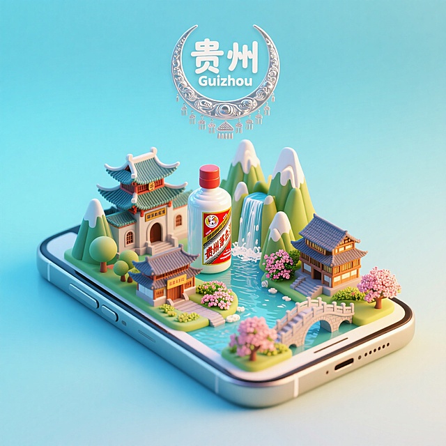 一个手机创意微缩场景，手机平放，侧面对着观众，手机俯视角度，手机上是贵州城市景观微缩模型，有贵阳的甲秀楼，遵义的遵义会议旧址和茅台酒，安顺的黄果树瀑布，黔东南的西江苗寨，黔南的荔波小七孔，毕节的百里杜鹃，兴义的万峰林，上方有被苗族银饰环抱着的中文“贵州”和英文“Guizhou”，整体画面生动，色调温暖明快，充满活力与朝气，具有梦幻感，背景为浅青蓝渐变。