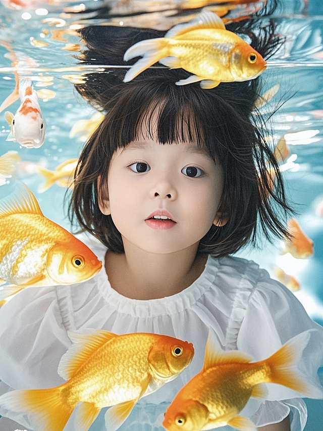 短发小女孩，超级可爱，水下，金鱼，半身照，眼神灵动