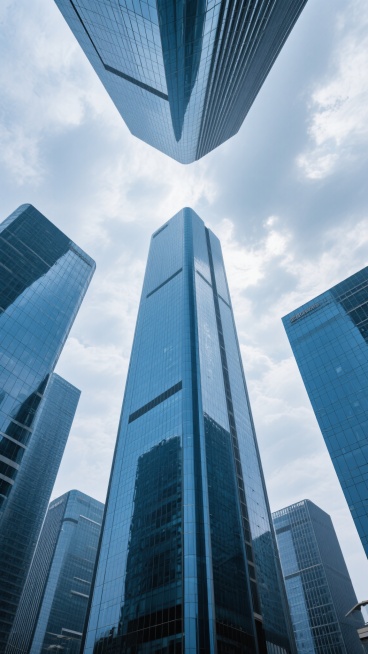 仰拍视角下的现代商务写字楼群，高耸入云的企业办公建筑，外立面由大面积蓝色玻璃幕墙构成，玻璃反射着天空与周围建筑的影像，呈现出冷冽高级的金属质感与透明感。建筑群错落有致，中央主楼尤为突出，顶部结构向上延伸，展现力量感。天空中布满厚重的灰白色云层，光线柔和，云层细节丰富，光影在建筑表面形成微妙的明暗对比，营造出专业、稳重且富有现代都市气息的氛围。整体色调以蓝灰色系为主，画面具有强烈的纵深感和视觉冲……预览效果