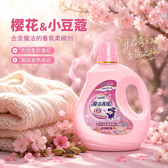 [主图-3] 樱花小豆蔻香调通感表达图，突出香氛体验与衣物柔软效果
[氛围风格] 清新自然花香风，浪漫樱花场景，柔软舒适感，商业摄影质感
[画质] 商业摄影质感、光线柔和通透、产品清晰真实、画面干净高级、超高清细节
[元素] 粉色柔顺剂瓶身位于画面右下方，瓶身完整。左侧和上方是盛开的樱花树枝，粉色樱花花瓣飘落，空气中有淡淡的粉色香雾。画面中部偏左展示一件柔软蓬松的浅色毛衣特写，毛衣纤维清晰可见，呈现柔软蓬松的质感，旁边有小豆蔻果实和樱花花朵作为香调元素点缀。背景是朦胧的樱花林，阳光透过花瓣洒下斑驳光影。保持产品外观（即物理结构、材质质感、颜色、标签图案）与输入产品图绝对一致，杜绝任何变形和色差，精细化处理。商品主体占比约45%。
[光影] 自然光从左上方透过樱花树枝洒下，形成斑驳的光斑效果，柔和温暖。毛衣有柔和的侧光突出纤维质感，瓶身有自然高光，整体光线通透，暖粉色调，暗部有层次。
[配色] 主色调樱花粉、米白色；辅助色嫩绿、淡金阳光、小豆蔻棕
[视角构图] 四分之三平视，产品在右下，毛衣和樱花在左上，对角线构图；前中后景分层，景深较大，背景虚化突出主体。
[文字版式] 左上负空间左对齐留安全边距。大字主文案"樱花&小豆蔻"，深粉色最大号粗体无衬线；下方辅助文案"会变魔法的香氛柔顺剂"，约半高、粉色细体。再下方两行小卖点："衣物柔软蓬松""高级香氛体验"，每行前配粉色小圆点图标，白色字。右侧中部"开启奇幻香氛之旅"金色手写体装饰词，斜向排列。
[输出要求] 1:1比例，文字清晰锐利，画面超高清商业摄影质感
[负向提示词] 变形，文字错乱，产品图模糊，背景杂乱，水印，电商平台Logo，瓶身变形