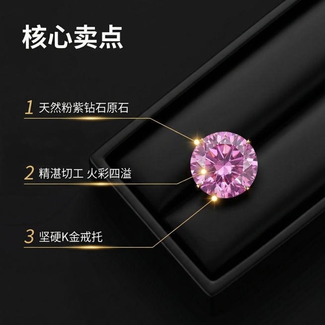 [主图 2] 粉紫钻戒核心卖点解析图
[氛围/风格] 专业清晰，突出产品品质，干净高级
[画面元素] 粉紫钻戒放置在黑色珠宝托盘上，钻石占据画面中心位置，使用引线标注出钻石的核心优势点，每个标注对应光预览效果