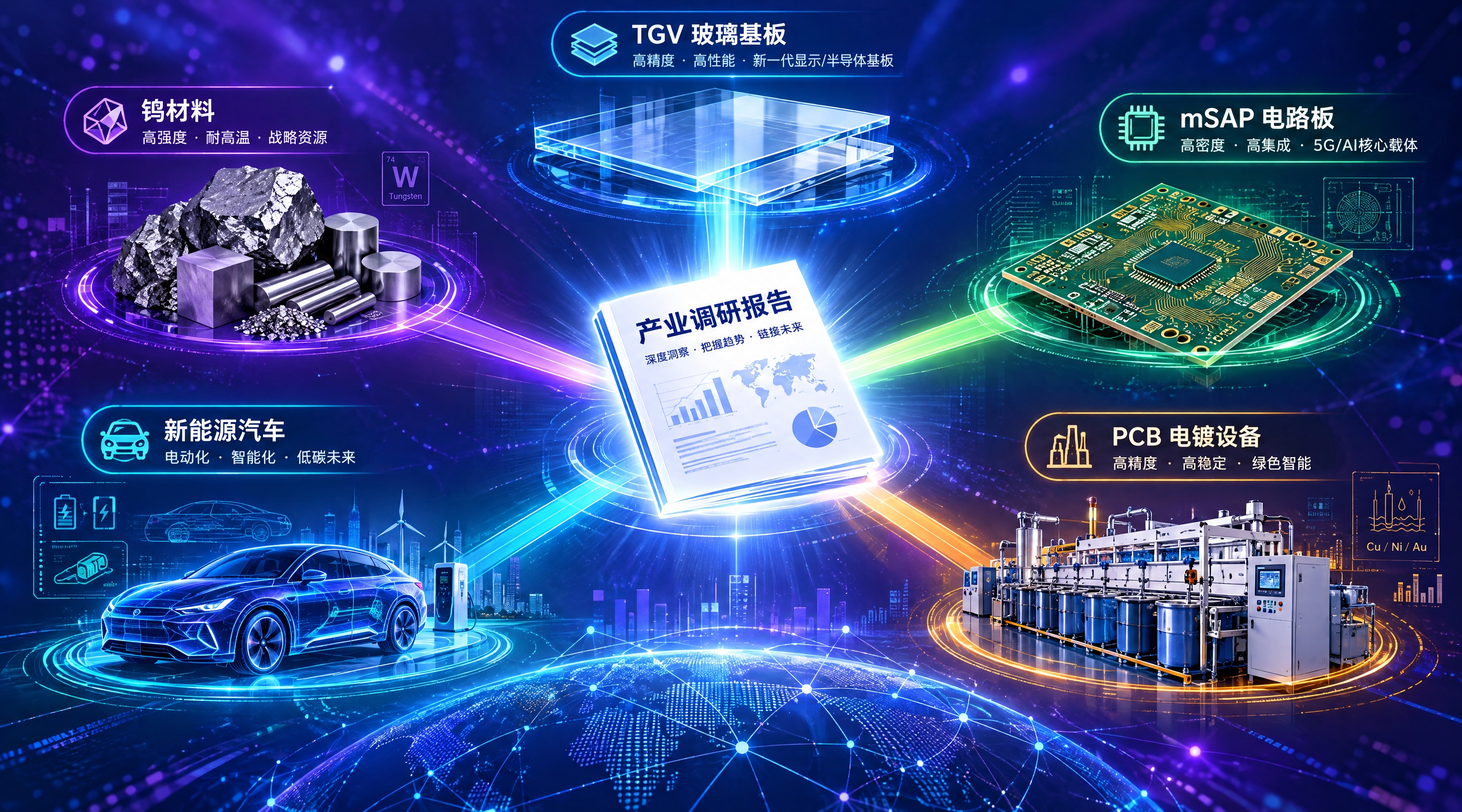 产业调研综合封面图，主题为五大产业要点：TGV玻璃基板、mSA… - 图片创意预览