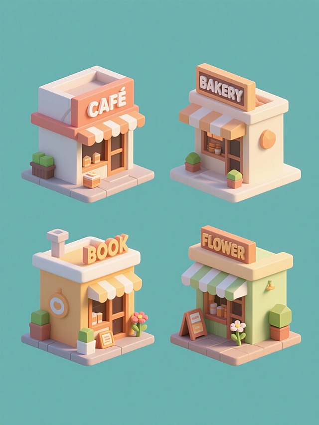 一套4个不同元素的3D卡通风格店铺系列图标，保持统一的低多边形建模、圆润边角、哑光材质和柔和光影效果，每个店铺拥有独特的主体建筑形态与招牌文字（如"CAFE"、"BAKERY"、"BOOK"、"FLOWER"），搭配专属特色装饰物件，采用纯色背景并为每个店铺赋予鲜明且协调的整体色调，所有元素规整排列成2x2网格布局，确保视觉风格高度统一且信息传达清晰直观。