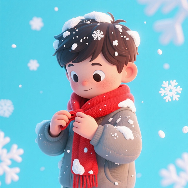 画面主视觉是一个小男孩正在给自己系围巾，围巾是红色的，衣服上落了雪。浅蓝色纯色背景