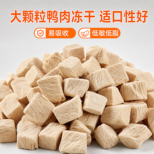 [主图-2] 产品细节款冻干鸭肉粒淘宝主图，1:1正方形浅灰色背景，特写展示一堆冻干鸭肉粒，保持颗粒材质颜色与参考图一致，要求颗粒大小均匀、形状规整，无碎渣粉末，表面纹理清晰可见，突出大碎干净 碎末少的卖点。画面上方添加橙色醒目文字"大颗粒鸭肉冻干 适口性好"，搭配易吸收 低敏低脂小标签，无其他杂物干扰，整体为高细节微距拍摄风格，质感真实，商品主体占比约75%，光线柔和清晰，文字清晰可读不遮挡主体，负向提示词：变形，水印，文字错乱，产品图模糊，背景杂乱，文字遮挡主体。
