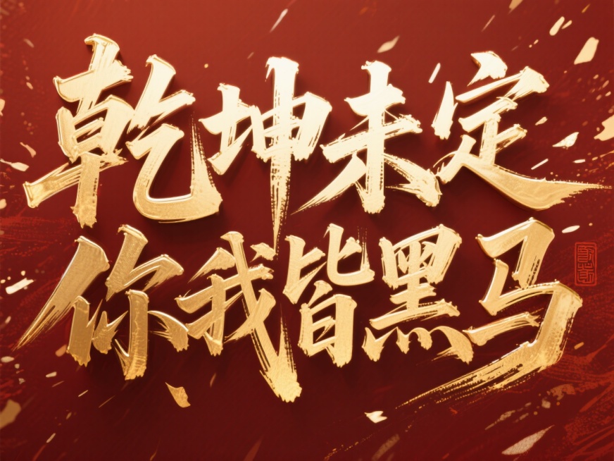 文案“乾坤未定，你我皆黑马”金色字体，红棕色背景，红金，中式预览效果