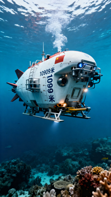 奋斗者号深海探测器在深海探测的画面，带有“10909米”深度刻度标识，整体为深海蓝渐变色调，氛围神秘深邃预览效果