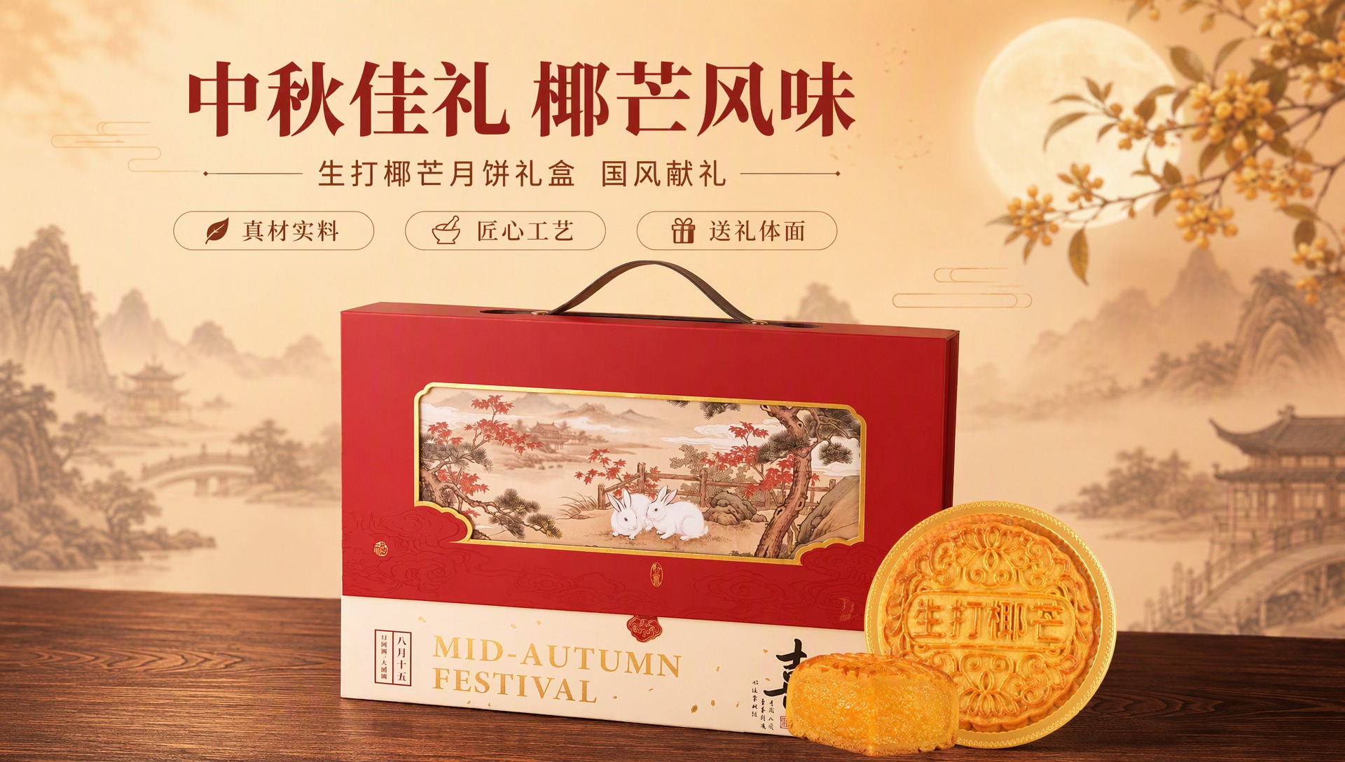 [商品] 使用【图1】生打椰芒月饼中秋礼盒；保留红色礼盒主体结… - 图片创意预览