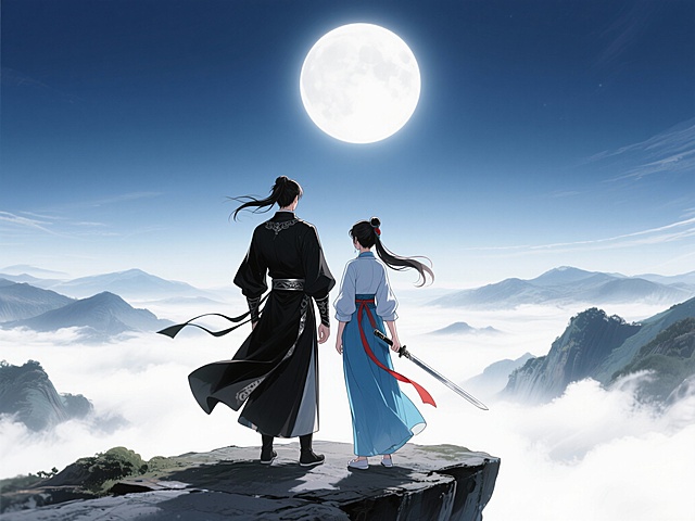 画一个双人图，一男一女背对，穿着汉服有武侠元素，画风有二次元原画的感觉，光影清晰，构图要有创意