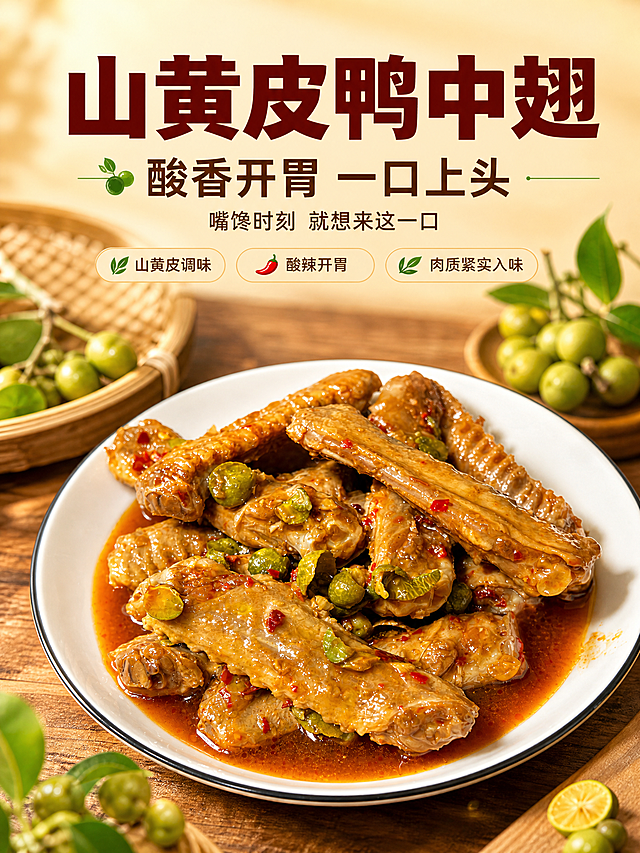 [商品] 使用【图3】山黄皮鸭中翅成品图；保留鸭中翅外形、卤色、山黄皮颗粒、红辣椒碎、汤汁质感与白色圆盘；增强肉感光泽、卤汁油亮感和食欲感，不改变产品结构和摆盘形态。
[画面] 目标：食欲氛围头图，突出酸香开胃的第一印象。构图：上文下图，上半区标题区占35%，下半区产品主体占65%；产品居中偏下，圆盘鸭中翅占画面60%，前景有卤汁光泽和山黄皮颗粒特写，背景为暖木色桌面虚化，搭配竹编簸箕、新鲜山黄皮点缀，营造家常烟火气；阅读动线从上到下。
[视觉] 套系策略：风格=国内抖音电商食品种草风，家常烟火气，暖调食欲感；标题字=粗黑体，厚重有力；正文字=常规黑体；主色=暖棕红（卤汁色）；背景延展=暖木色桌面+浅米黄渐变，同色系深浅层级；强调色=山黄皮青绿色，仅用于小面积图标、引线和标签；标题色=深棕红；正文色=深暖灰；组件=圆角浅底信息卡、细线引线、胶囊标签；光影=左前侧暖柔光，突出卤汁油亮和肉质感。
[文字] 顶部居中主标题"山黄皮鸭中翅"，副标题"酸香开胃 一口上头"，下方小字补充"嘴馋时刻 就想来这一口"；文字区不遮挡鸭中翅主体，全部横向排版，字号保证手机端清晰可读。
[规格] 图片比例3:4竖版，4K，避免变形、错字、文字过小、冷蓝背景、产品颜色改变、肉质感失真。
